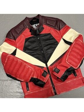 RARE Diesel Cherry Red White Black Leather Biker Jacket Size S